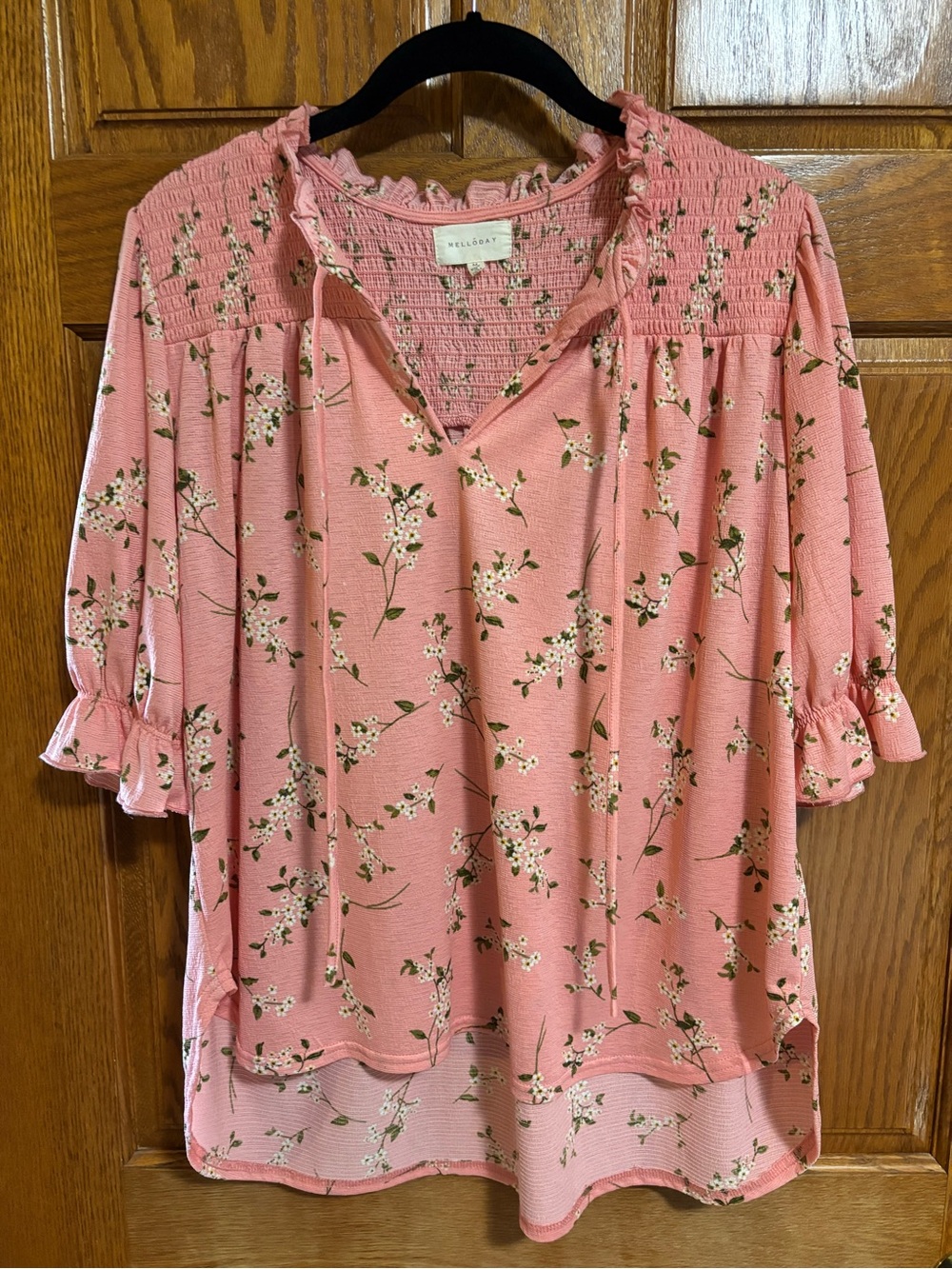 MELLODAY Rose Pink Floral Smocked Yoke Peasant Top